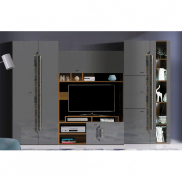 Living DAVOS Z.P., 4 corpuri, cu lumini LED si soft close, corp PAL nuc inchis, fronturi MDF gri, 306x58x196 cm