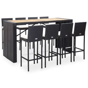 Set de bar exterior 9 piese negru poliratan și lemn acacia