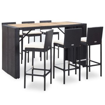 Set mobilier bar exterior cu perne 7 piese negru poliratan