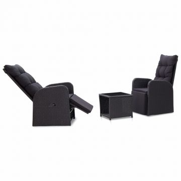 Set mobilier de bistro cu perne 3 piese negru poliratan