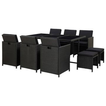 Set mobilier de exterior cu perne 11 piese negru poliratan