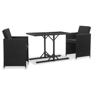 Set mobilier de exterior cu perne 3 piese negru poliratan