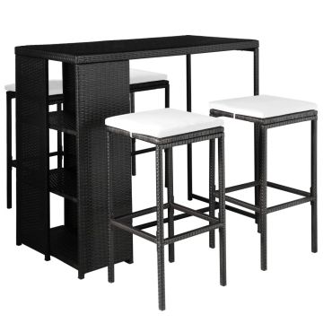 Set mobilier de exterior cu perne 5 piese negru poliratan