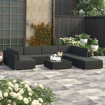 Set mobilier de grădină cu perne 8 piese negru poliratan