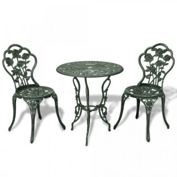 Set mobilier bistro, 3 piese, verde, aluminiu turnat