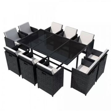 Set mobilier de exterior cu perne, 11 piese, negru, poliratan