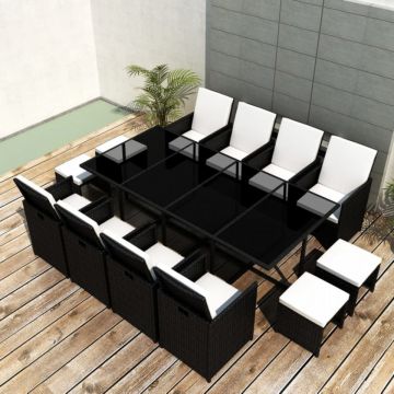 Set mobilier de exterior cu perne, 13 piese, negru, poliratan