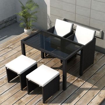 Set mobilier de exterior cu perne 5 piese negru poliratan