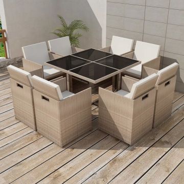 Set mobilier de exterior cu perne 9 piese bej poliratan