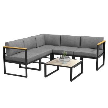 Outsunny Set de Mobilier de Grădină din 6 Piese, Set de Exterior cu Masă și Canapea cu cadru din Aluminiu cu Cotiere, 65x65x31 cm, Gri | Aosom Romania