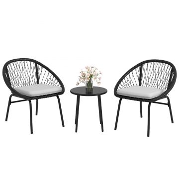 Outsunny Set Bistro pentru Terasa din 3 Piese, Set cu Perne Moi pentru Sezut, Set de Mobilier din Rachita, Negru | Aosom Romania