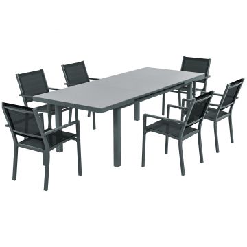 Outsunny Set de Dining din 7 Piese pentru Terasă, Masă Extensibilă cu Blat din Sticlă Securizată și 6 Scaune , 186/246x100x77 cm, Gri | Aosom Romania