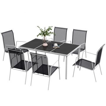 Outsunny Set de Grădină cu Masă Dreptunghiulară din Sticlă și 6 Scaune Stivuibile, 150x90x72 cm, Negru | Aosom Romania