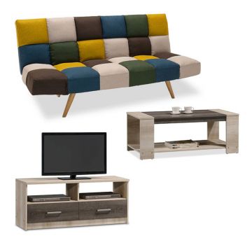 Set mobilier living 3 piese Lounge-1, Pakoworld, canapea extensibila 3 locuri / masuta / comoda TV, multicolor