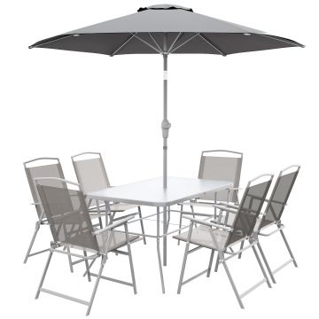 Outsunny Set de Grădină cu Masă, 6 Scaune Pliante și Umbrelă de Soare cu Manivelă, Lounge în Aer Liber din 8 Piese, 130x80x71 cm, Gri