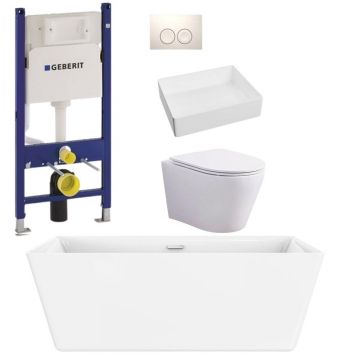 Set cada freestanding, lavoar cu ventil, vas wc rimless cu capac soft close, rezervor incastrat cu clapeta