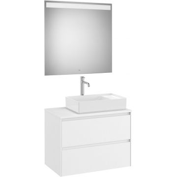 Set mobilier Roca Ona cu dulap baza cu doua sertare 80cm pentru lavoar pe blat dreapta si oglinda cu iluminare LED alb