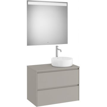 Set mobilier Roca Ona cu dulap baza cu doua sertare 80cm pentru lavoar pe blat dreapta si oglinda cu iluminare LED gri mat