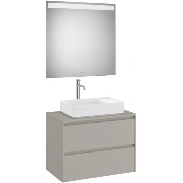 Set mobilier Roca Ona cu dulap baza cu doua sertare 80cm pentru lavoar pe blat si oglinda cu iluminare LED gri mat