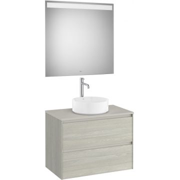 Set mobilier Roca Ona cu dulap baza cu doua sertare 80cm pentru lavoar pe blat si oglinda cu iluminare LED stejar alb