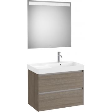 Set mobilier Roca Ona cu dulap baza cu doua sertare 80cm si lavoar asimetric orientare dreapta si oglinda cu iluminare LED ulm inchis