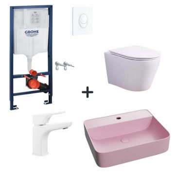 Set vas wc rimless cu capac soft close, lavoar baie roz mat, baterie si rezervor wc Rapid SL cu clapeta alba