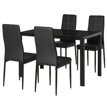 Homcom Set Masa de Luat Masa cu 4 Scaune Tapitate, Design Modern pentru Sala de Mese, Metal Sticlă PU, Negru | Aosom Romania