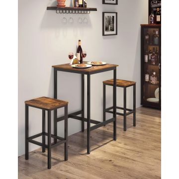 Set masa de bar si 2 scaune Vasagle, 60 x 60 x 90 cm / 30 x 40 x 35 cm, PAL/otel, maro rustic