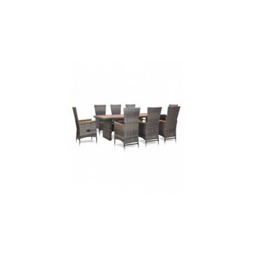 Set mobilier de exterior cu perne, 9 piese, gri, poliratan