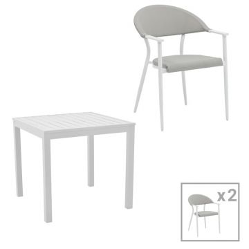 Set de 3 buc masa si scaune de gradina Kliton Pino din aluminiu alb 80x80x74 cm