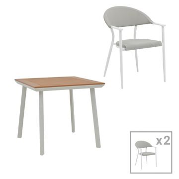 Set de 3 buc masa si scaune de gradina Synergy Pino aluminiu alb si placaj culoare naturala 80x80x74 cm