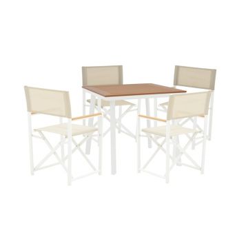 Set de 5 buc masa si scaune de gradina Mabu-Synergy aluminiu alb si placaj culoare naturala 80x80x74 cm