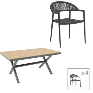 Set de 5 buc masa si scaune de gradina Thorio Freiburg aluminiu antracit si placaj nuanta naturala 160x90x75 cm