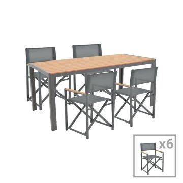 Set de 7 buc masa si scaune de gradina Mabu-Nares aluminiu antracit si placaj culoare naturala 180x90x72.5 cm