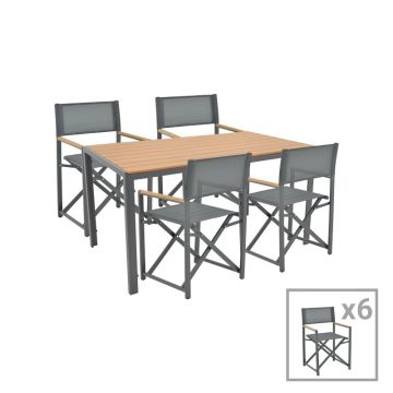 Set de 7 buc masa si scaune de gradina Mabu-Nares aluminiu antracit si placaj in culoare naturala 140x80x72.5 cm