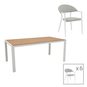 Set de 7 buc masa si scaune de gradina Nares-Pino B aluminiu alb si placaj in nuanta naturala 180x90x72.5 cm