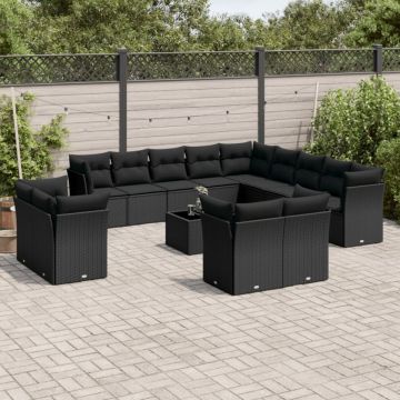 Set mobilier de grădină cu perne, 14 piese, negru, poliratan