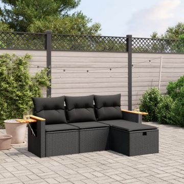 Set mobilier de grădină cu perne, 4 piese, negru, poliratan