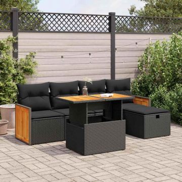 Set mobilier de grădină cu perne, 6 piese, negru, poliratan