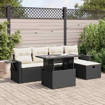 Set mobilier de grădină cu perne, 6 piese, negru, poliratan