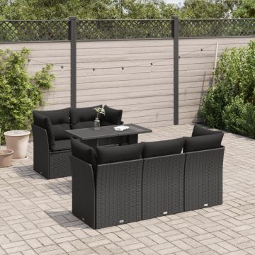 Set mobilier de grădină cu perne, 6 piese, negru, poliratan