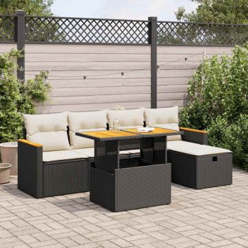 Set mobilier de grădină cu perne, 6 piese, negru, poliratan