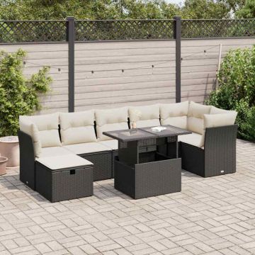 Set mobilier de grădină cu perne, 8 piese, negru, poliratan