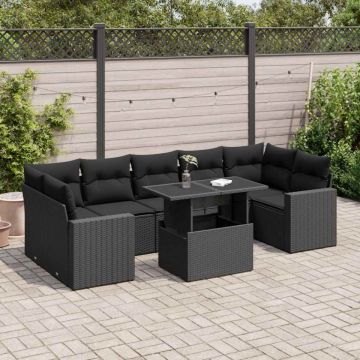 Set mobilier de grădină cu perne, 8 piese, negru, poliratan