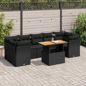 Set mobilier de grădină cu perne, 8 piese, negru, poliratan