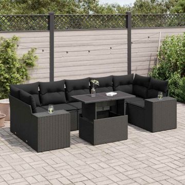 Set mobilier de grădină cu perne, 8 piese, negru, poliratan