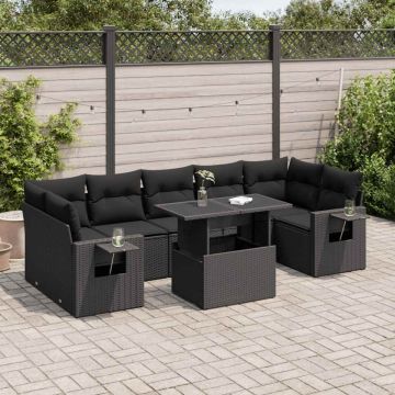 Set mobilier de grădină cu perne, 8 piese, negru, poliratan