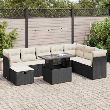 Set mobilier de grădină cu perne, 9 piese, negru, poliratan