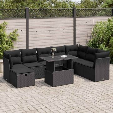 Set mobilier de grădină cu perne, 9 piese, negru, poliratan