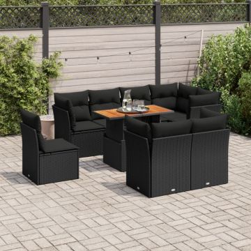 Set mobilier de grădină cu perne, 9 piese, negru, poliratan